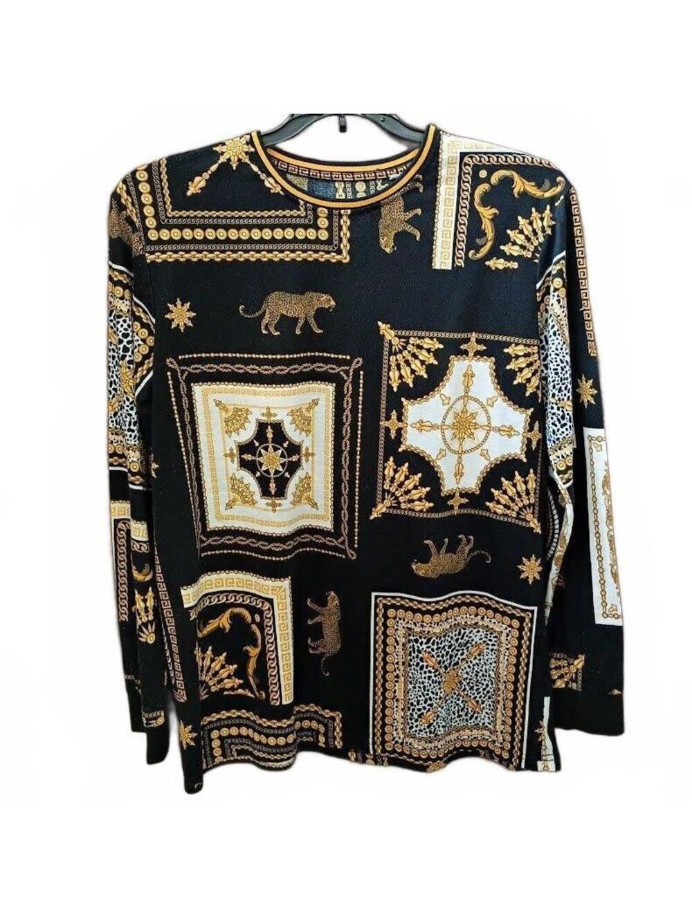 Fresh Prints of Bel Air Black and Gold Patterned Long Sleeve Shirt Size L